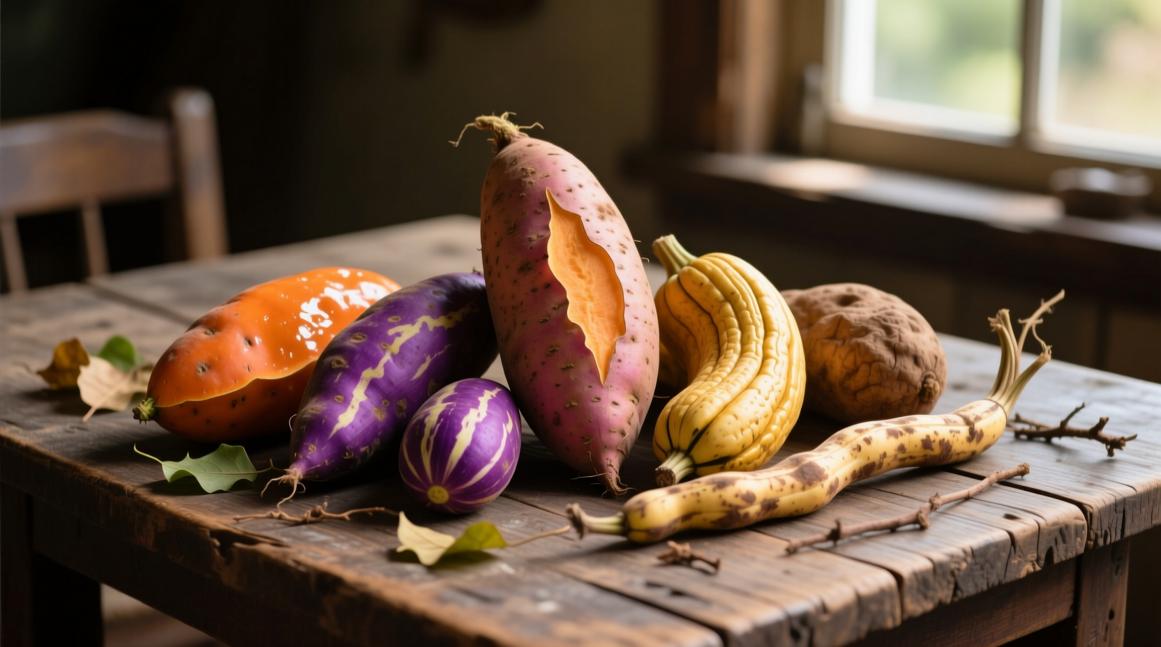 Fresh sweet potatoes arranged by variety on wooden table
