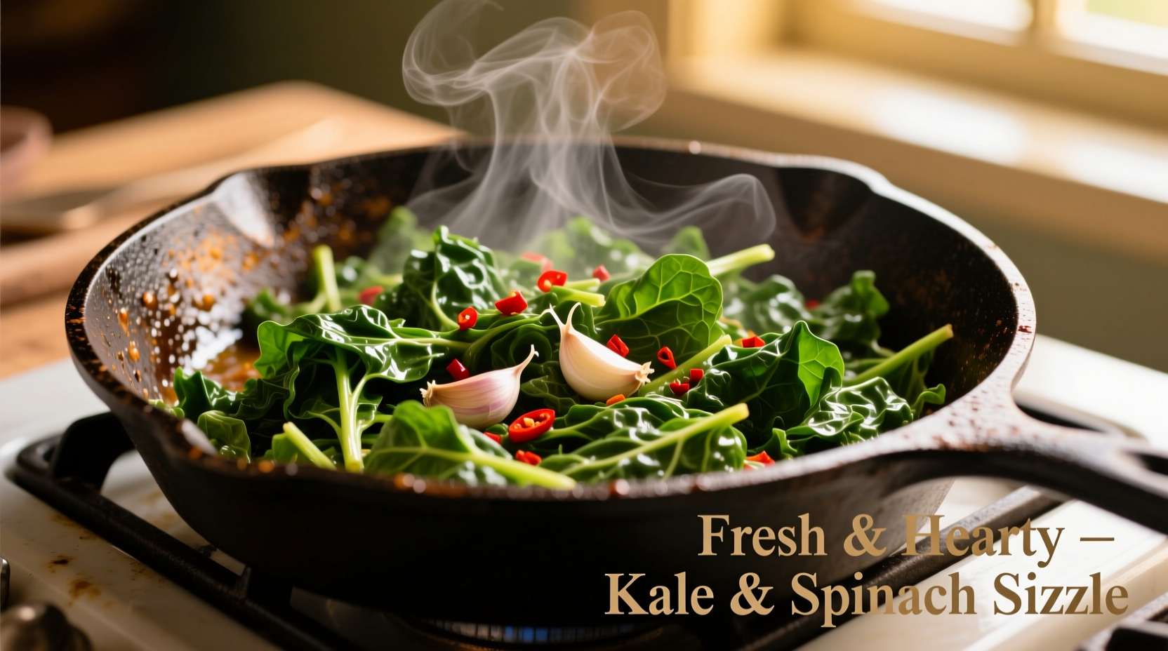 Freshly cooked kale spinach mixture in cast iron skillet