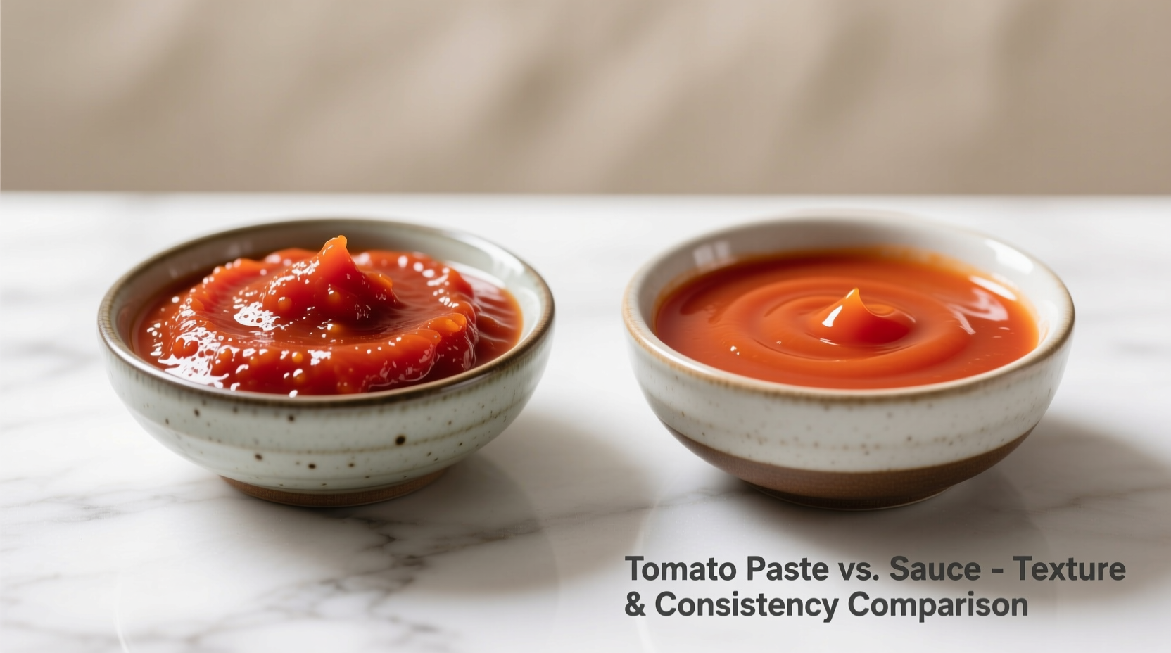 Close-up comparison of tomato paste and tomato sauce in bowls