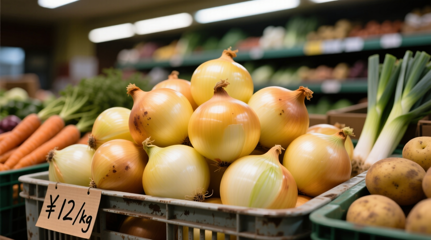 Fresh yellow onions in a grocery store bin