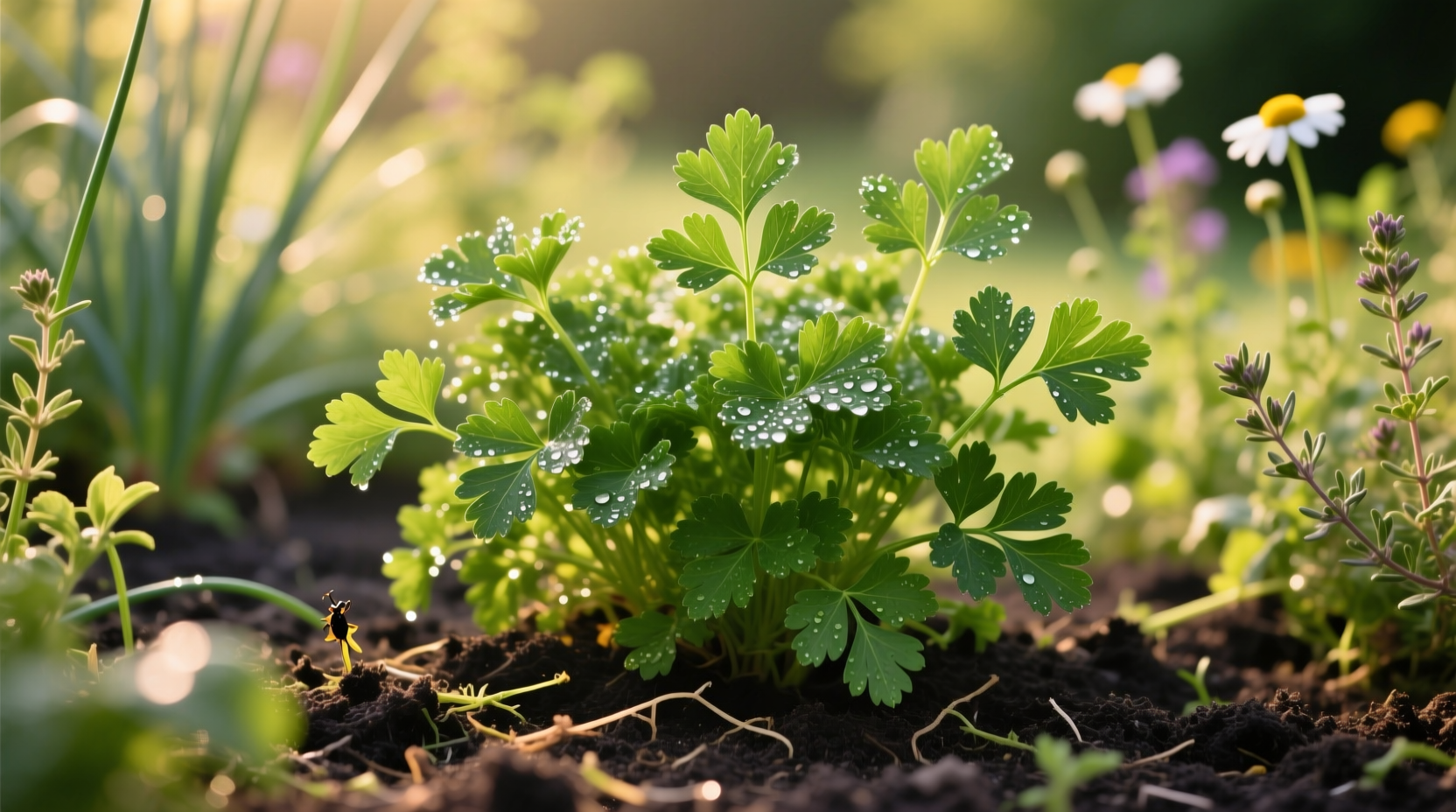 Healthy parsley plants growing in garden bed