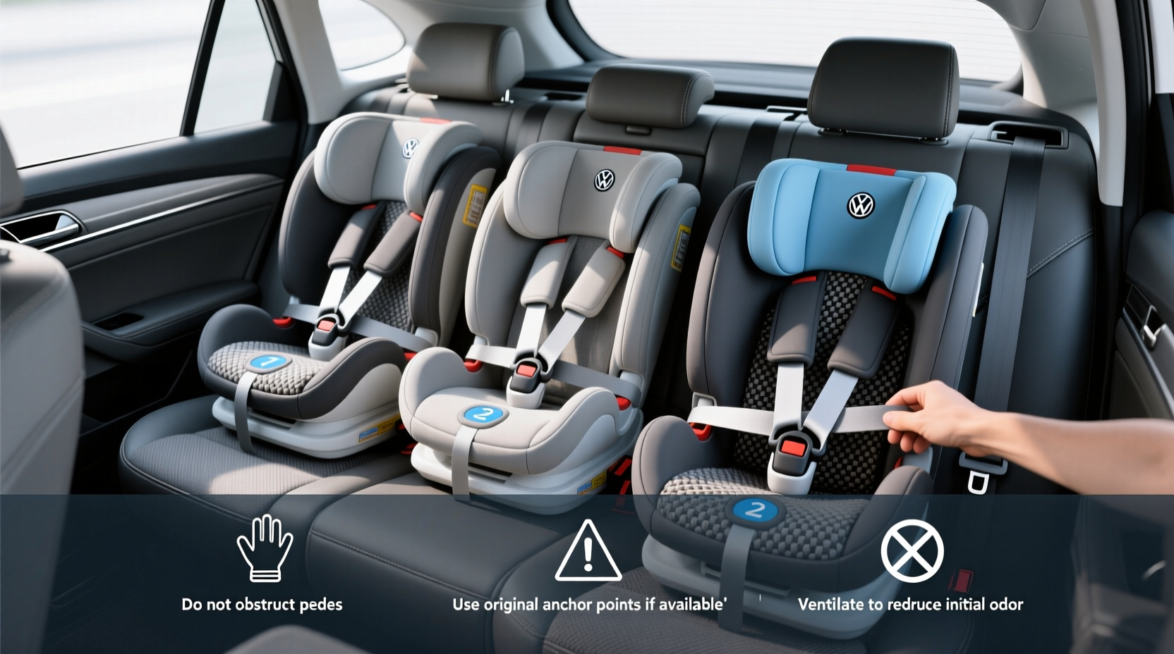 3 child seats in back of car passat