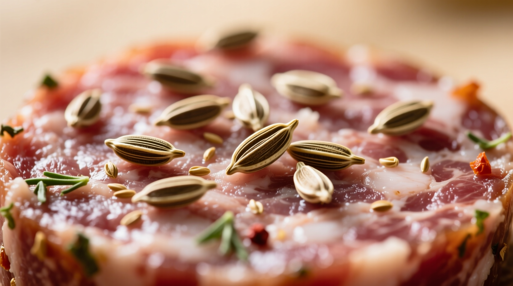Close-up of fennel seeds sprinkled on raw sausage mixture