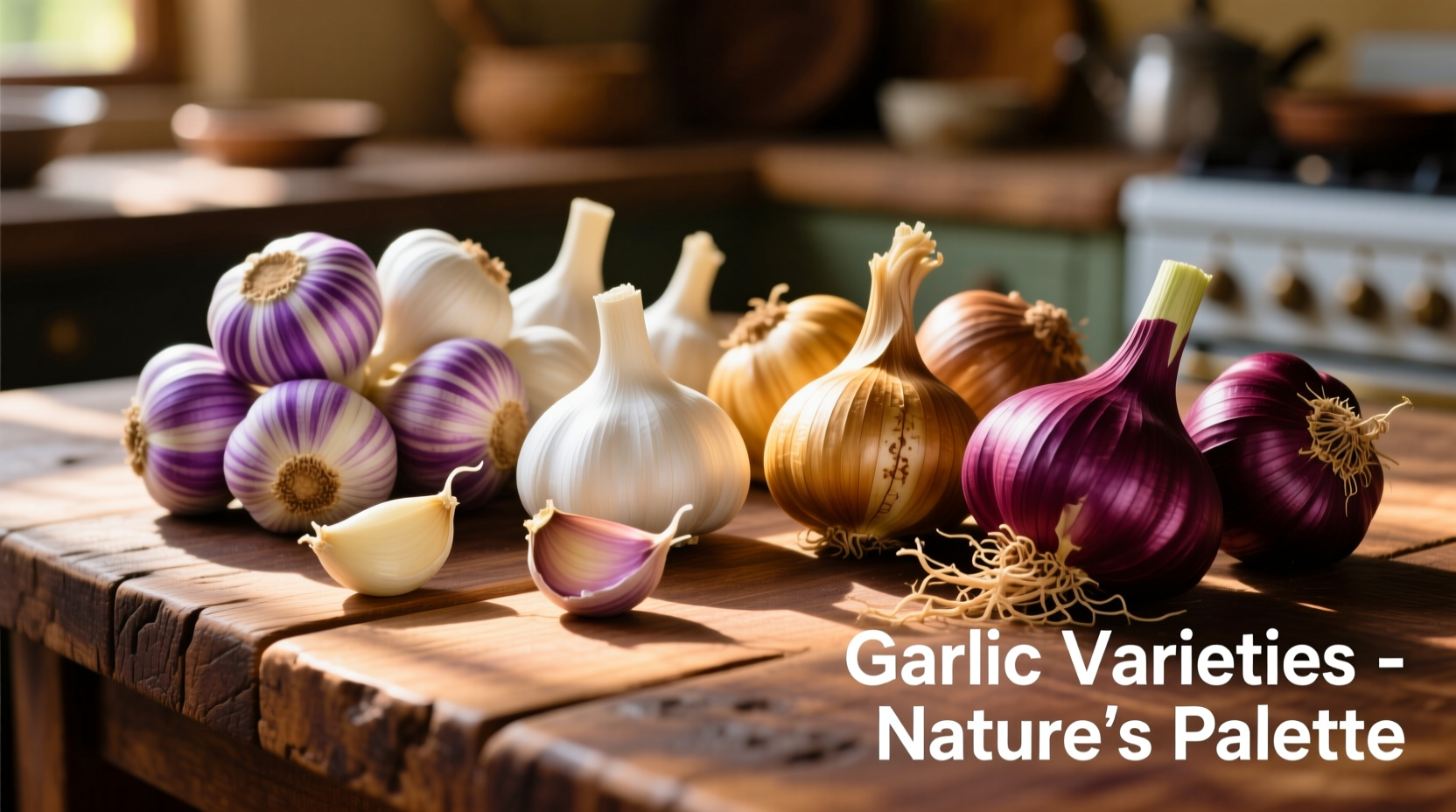 Colorful display of different garlic varieties on wooden table