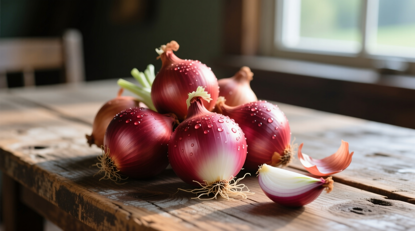 Fresh Washington red onions on wooden table