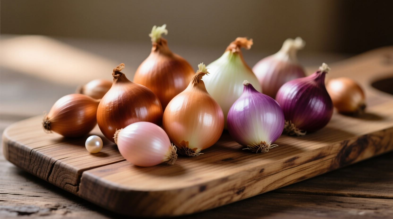 Assorted little onions including pearl onions and shallots on wooden board