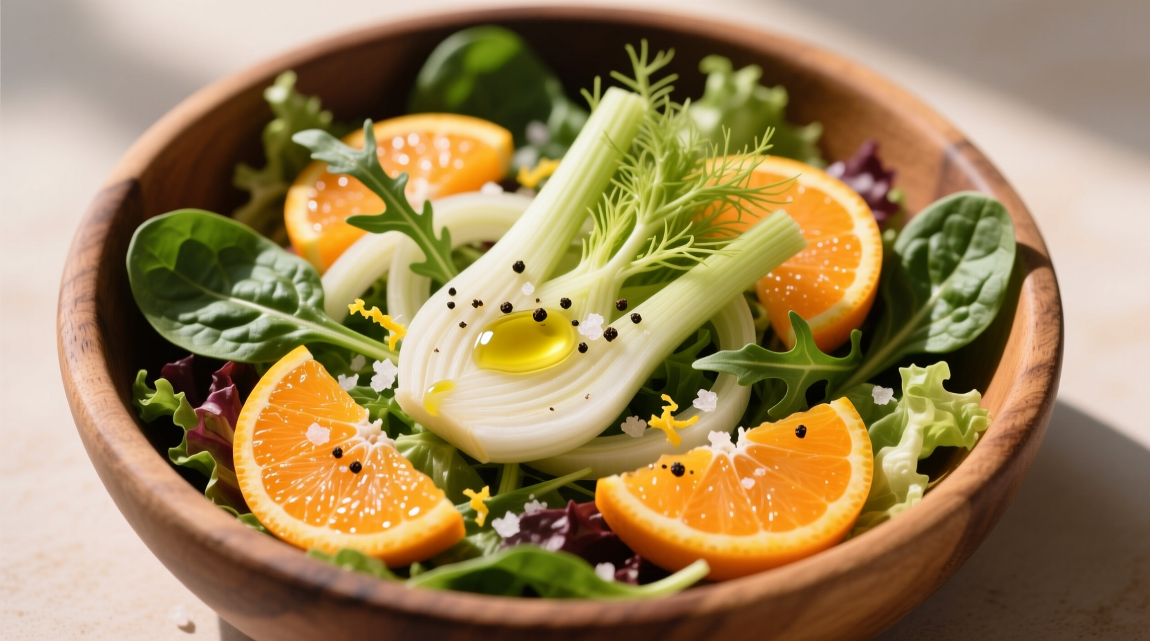 Fresh fennel salad with orange slices and greens