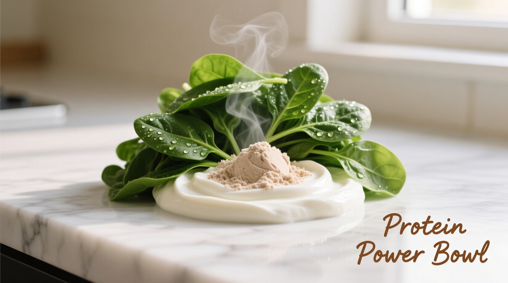 Fresh spinach leaves with protein powder and Greek yogurt
