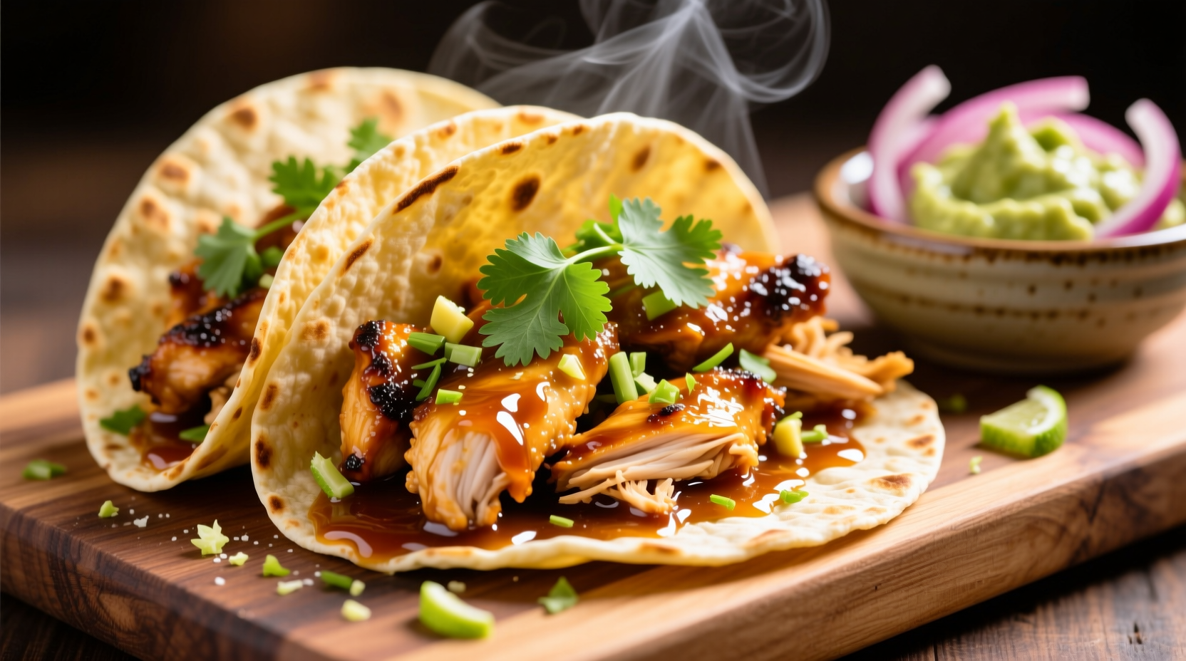 Golden garlic butter honey bbq chicken tacos with fresh cilantro