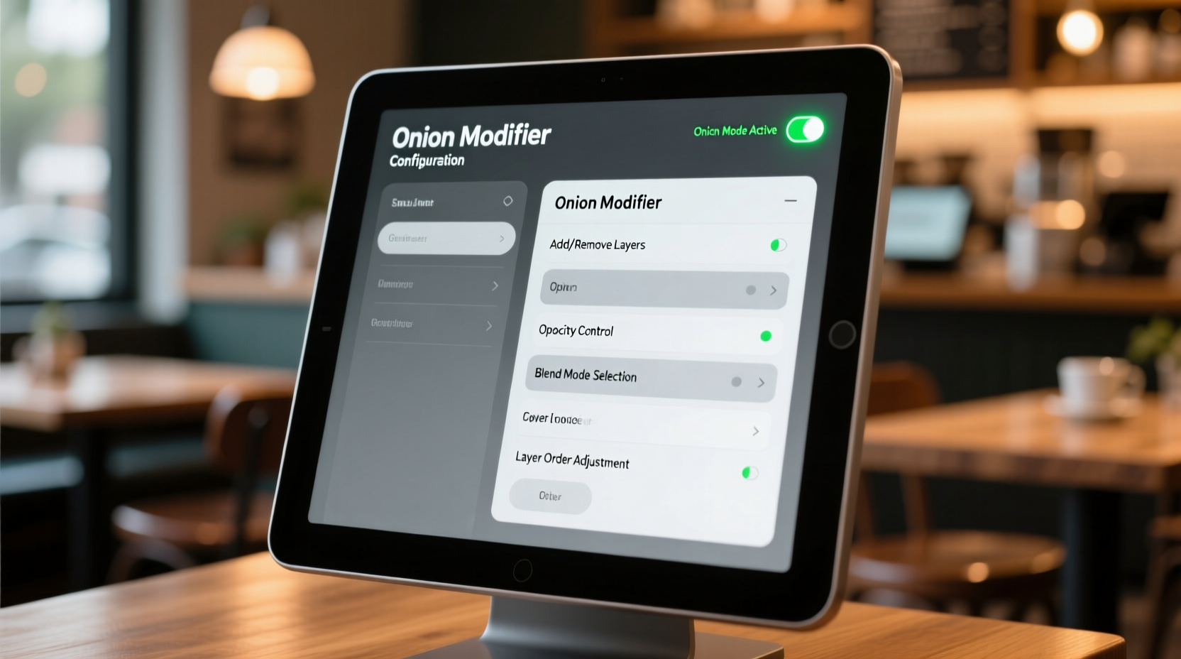 Square POS menu editor showing onion modifier configuration