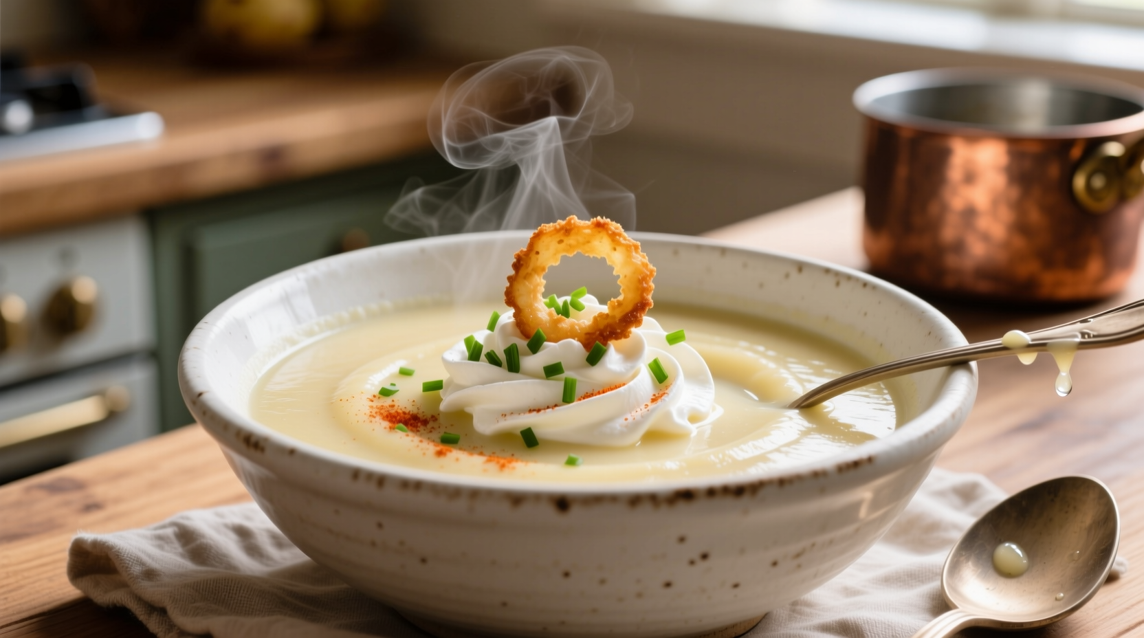 Creamy potato soup in white bowl with garnish