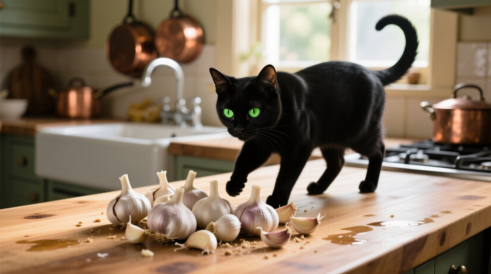 Cat avoiding garlic cloves on kitchen counter