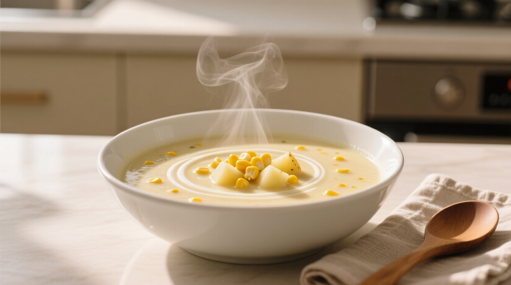 Creamy potato sweetcorn soup in white bowl