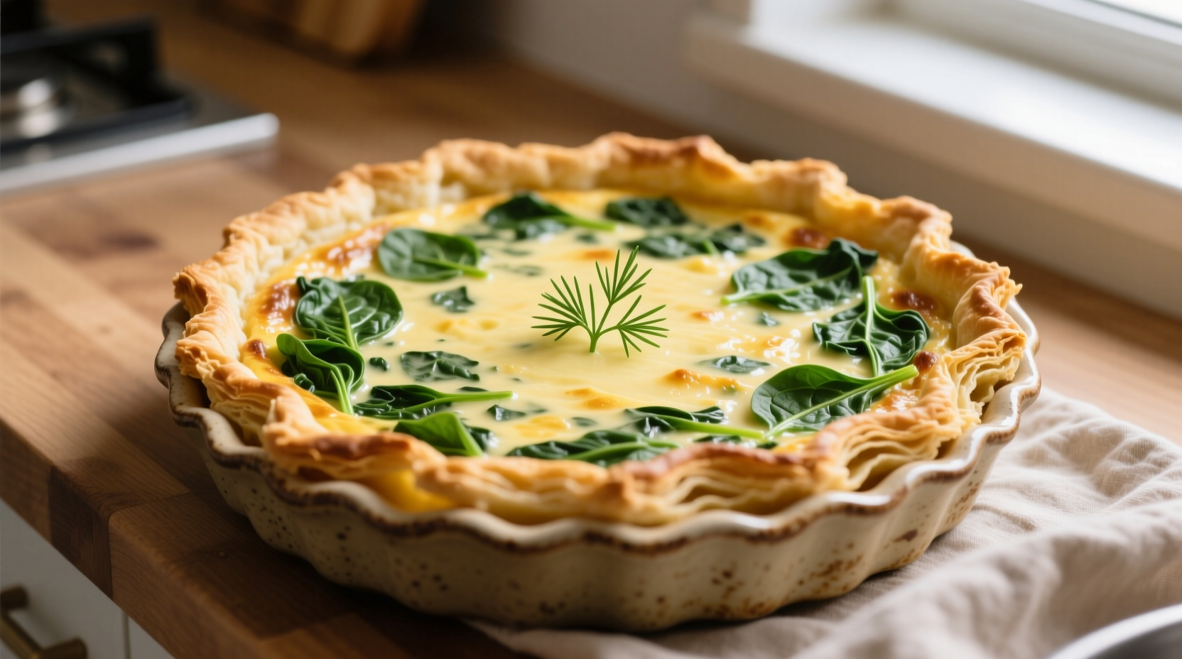 Golden spinach quiche with flaky crust