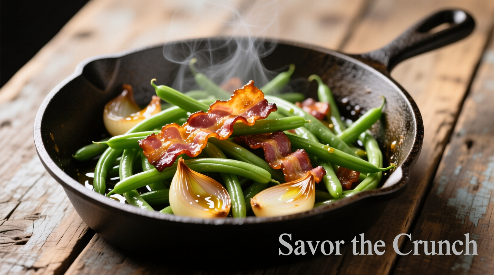 Crisp green beans with crispy bacon and caramelized onions