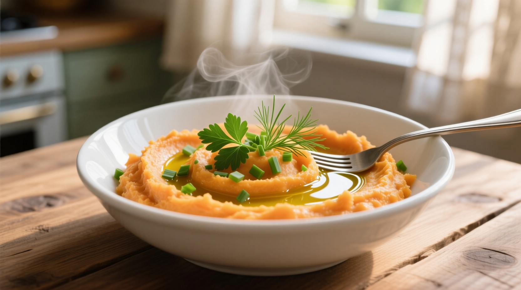 Creamy sweet potato mash in white bowl with fresh herbs