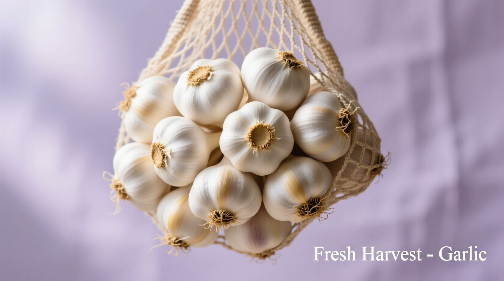Fresh garlic bulbs stored in mesh bag