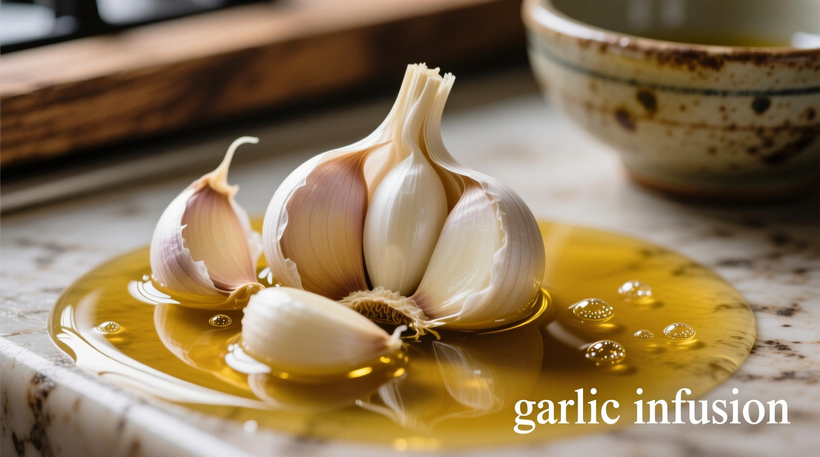 Fresh garlic cloves steeping in golden olive oil