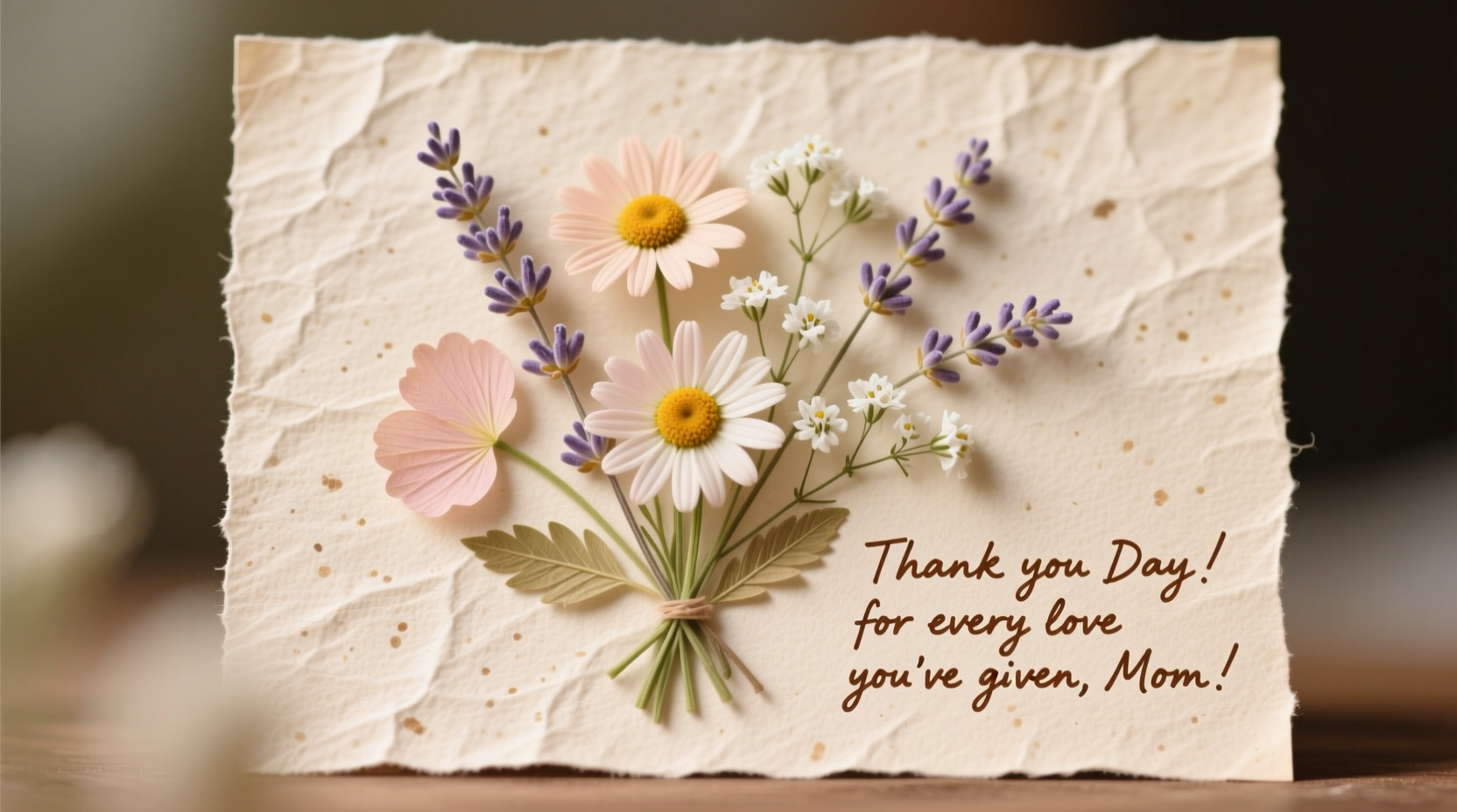 Pressed flower Mother's Day card with handwritten message on recycled paper