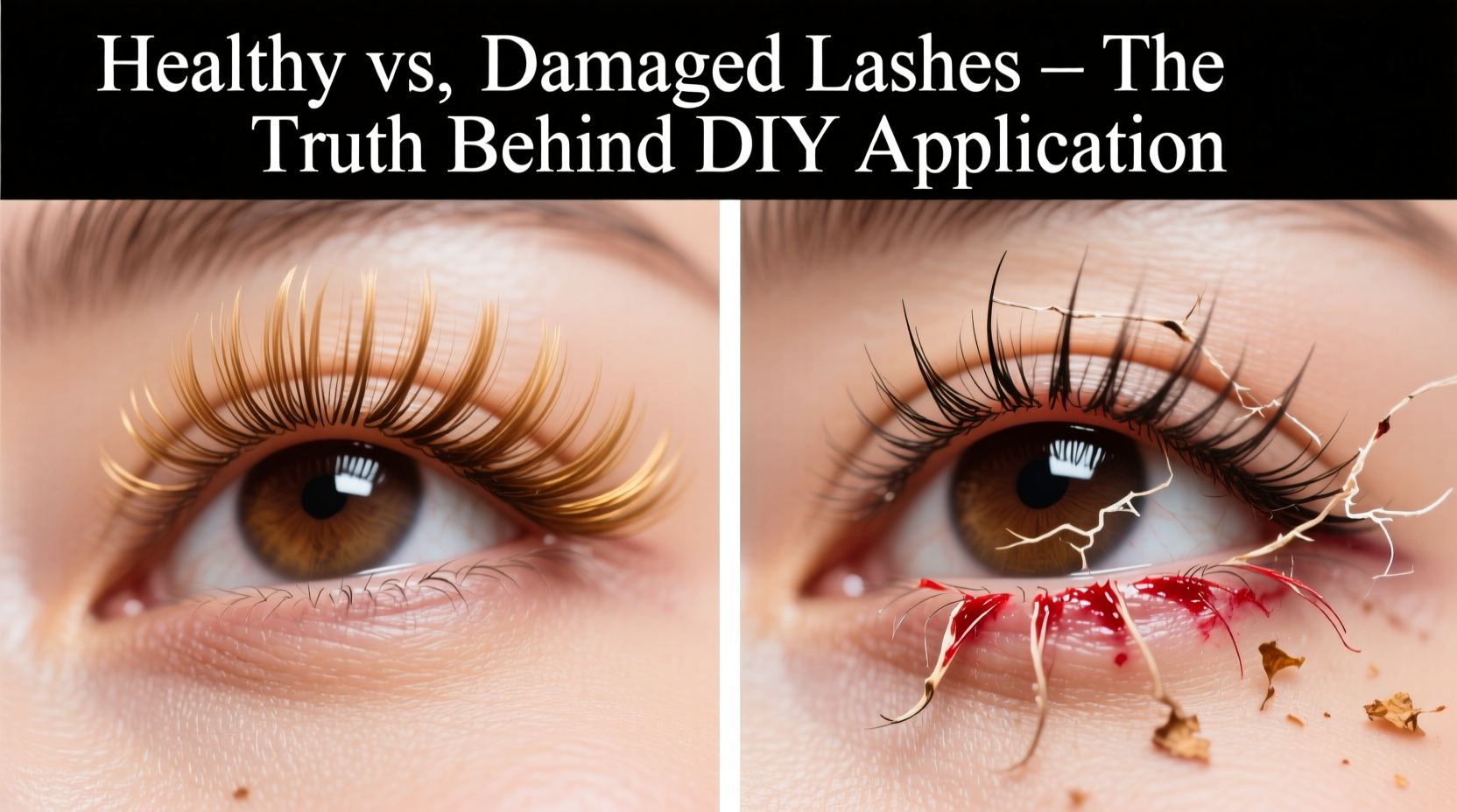 Comparison of healthy natural lashes versus damaged lashes from improper DIY application