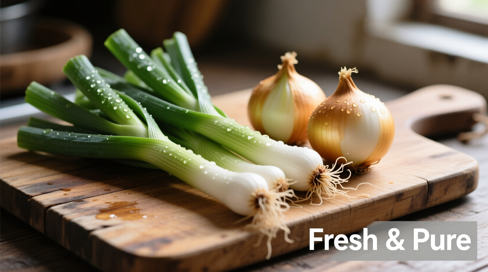 Fresh Chinese scallions and shallots on wooden cutting board