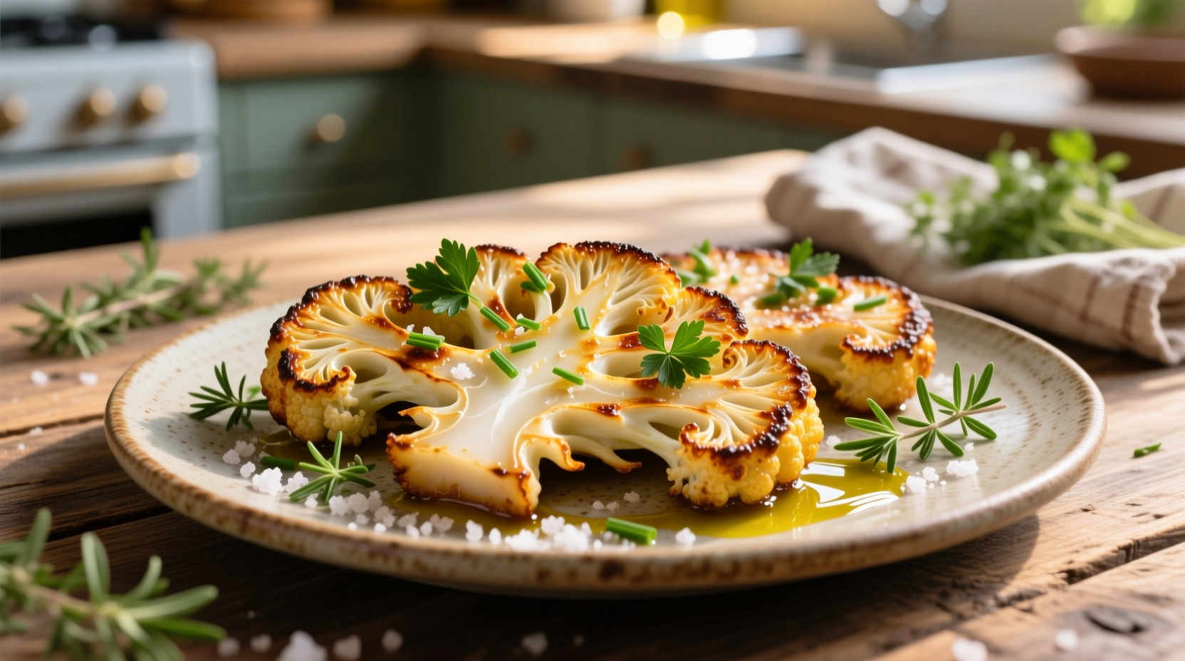 Golden baked cauliflower steaks with herb garnish