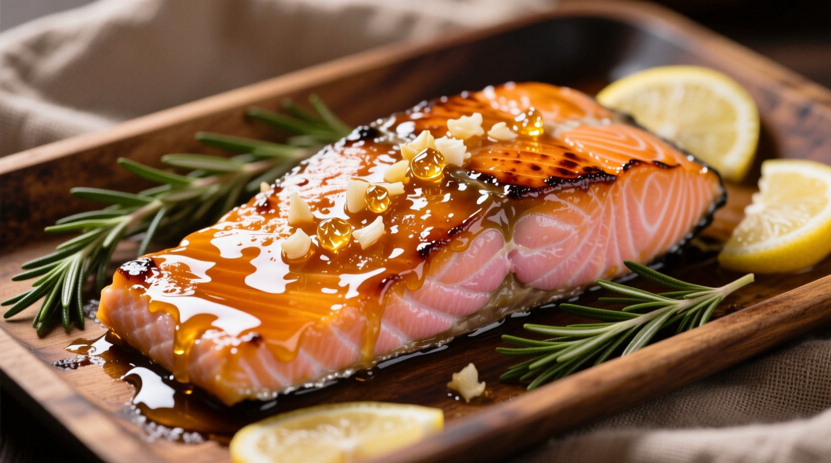 Perfectly glazed garlic honey salmon on baking sheet