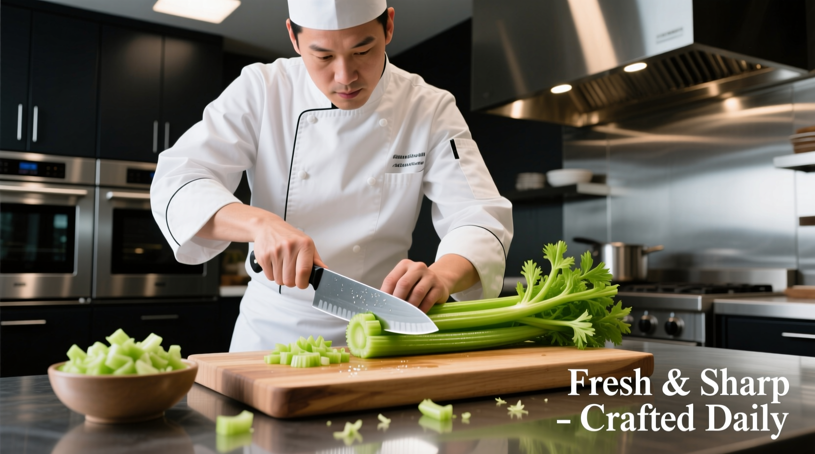 Chef preparing fresh celery in professional kitchen setting