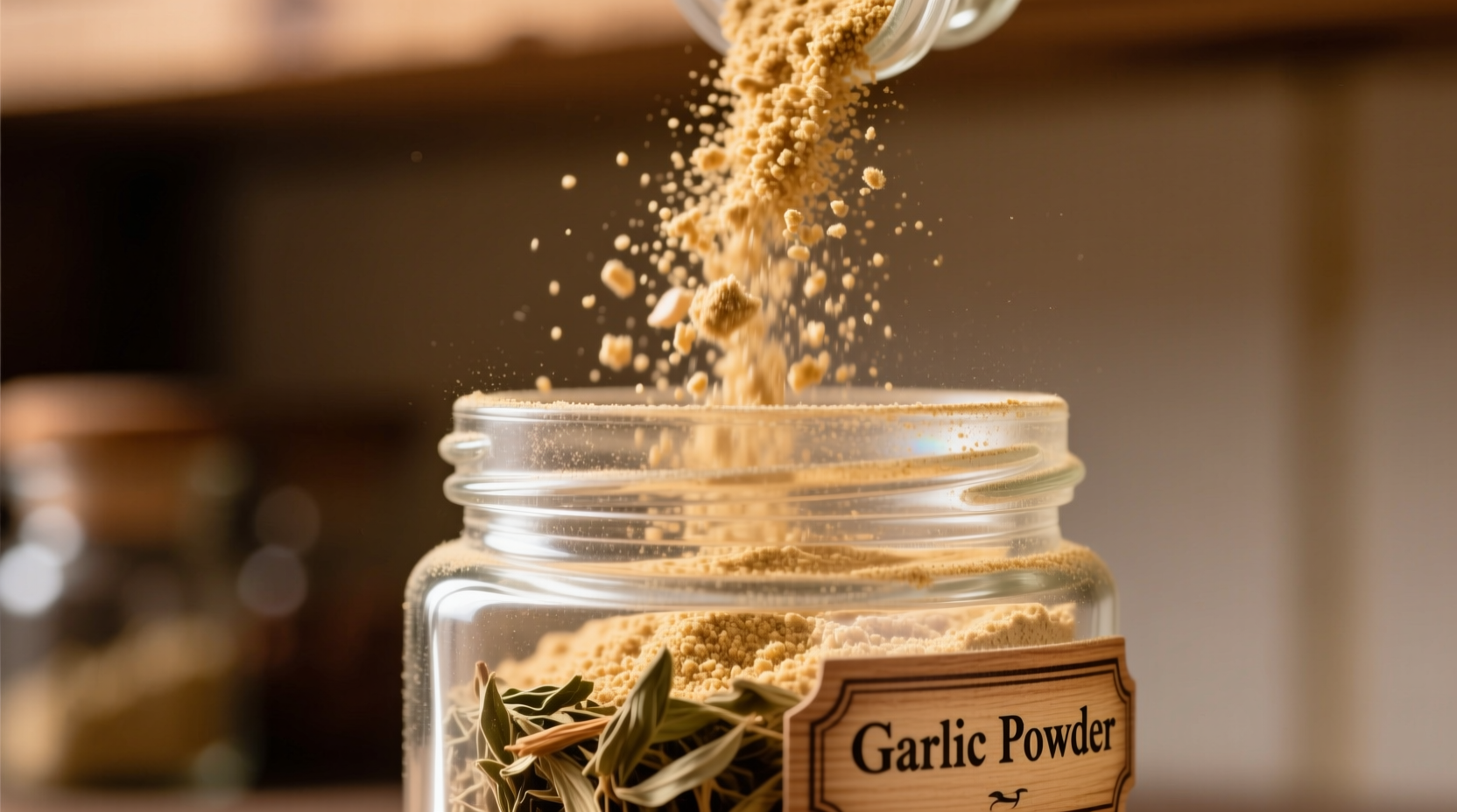 Close-up of garlic powder in spice jar