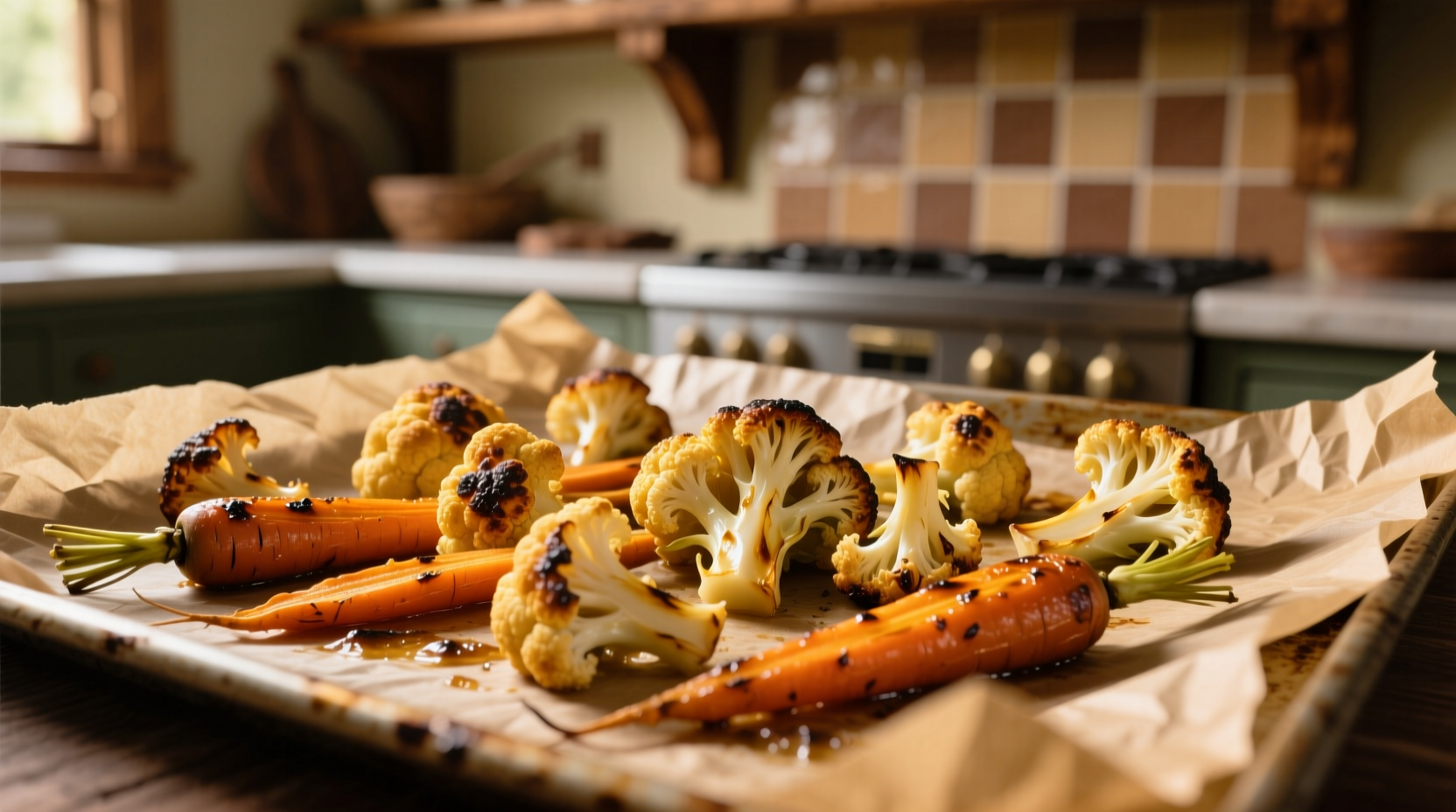 Golden roasted carrots and cauliflower on parchment-lined baking sheet