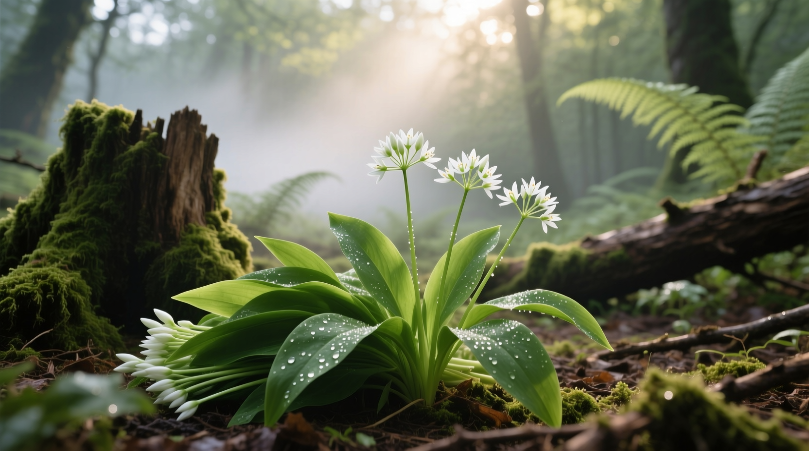 Freshly harvested wild garlic leaves and flowers in woodland setting