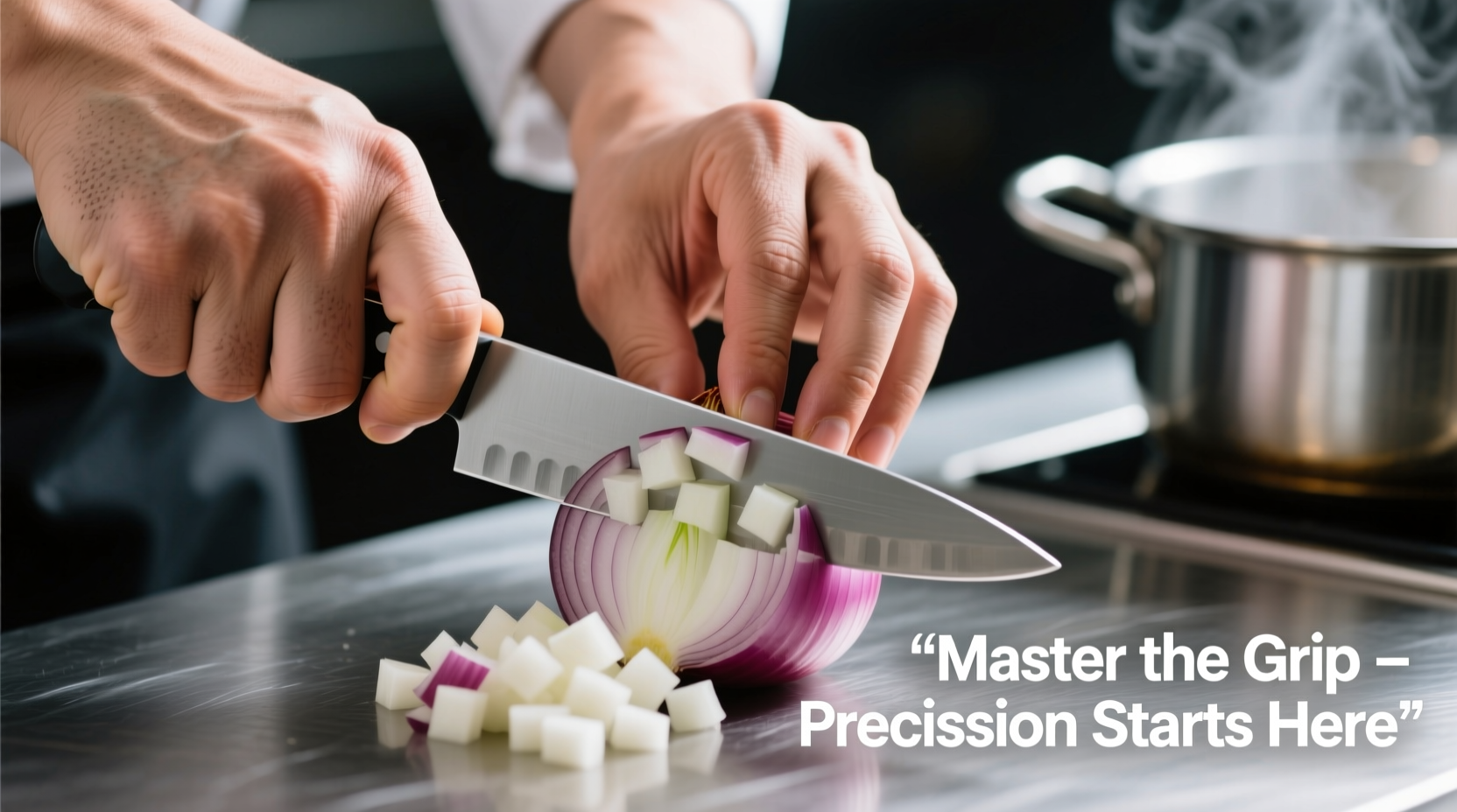 Chef's hands demonstrating proper onion dicing grip technique