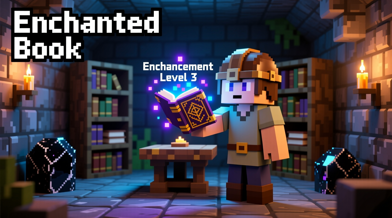 Minecraft player holding crafted book with enchanting table