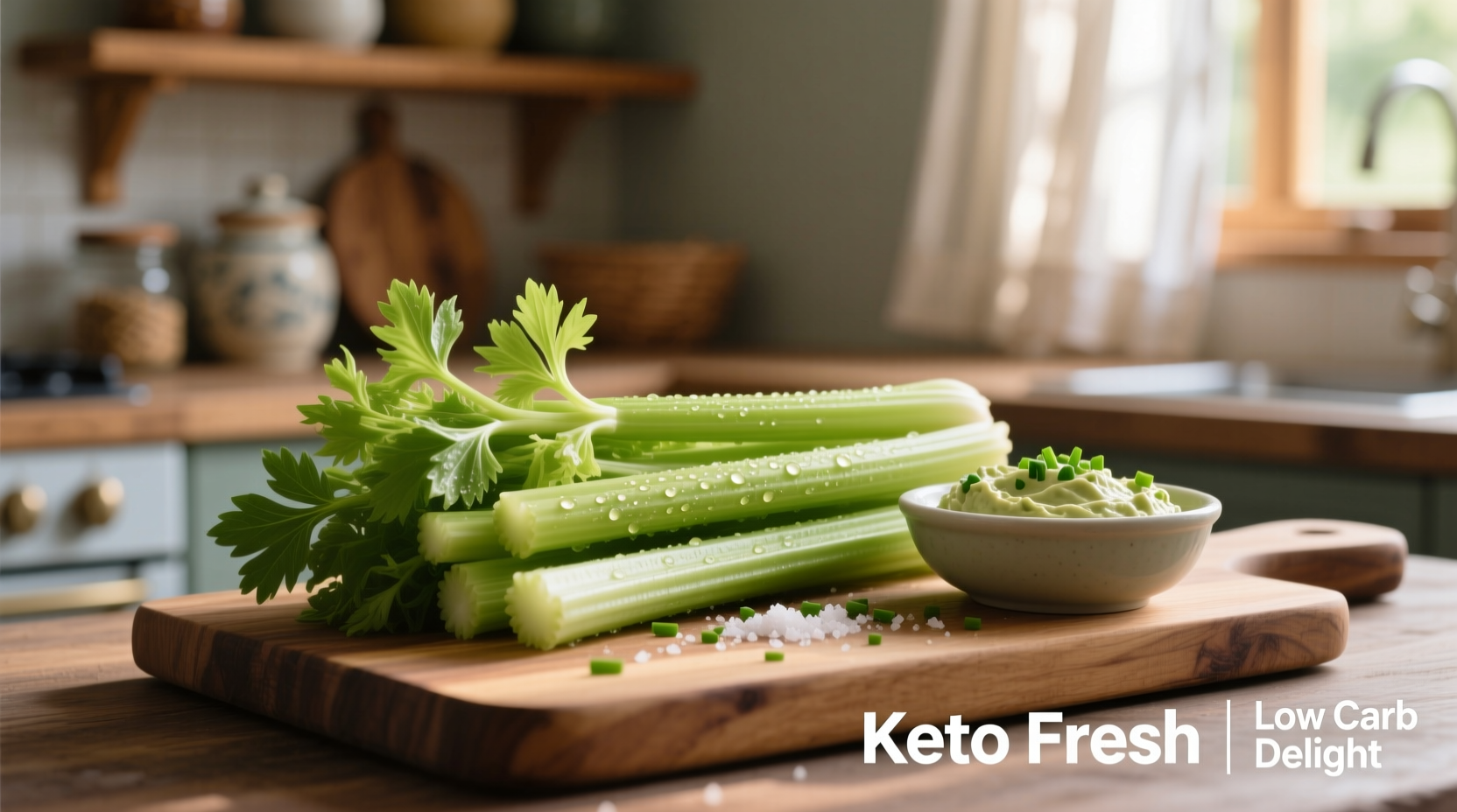 Fresh celery stalks with keto dip on cutting board
