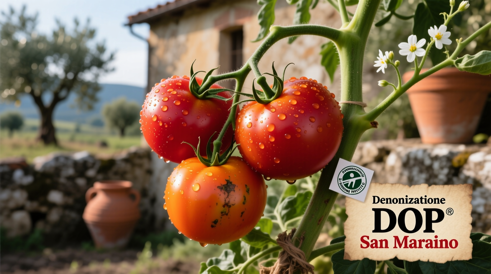 Fresh San Marzano tomatoes on vine with DOP certification