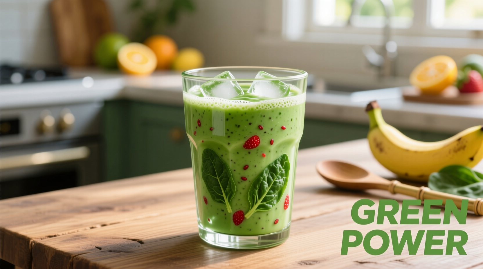 Vibrant green strawberry banana spinach smoothie in glass