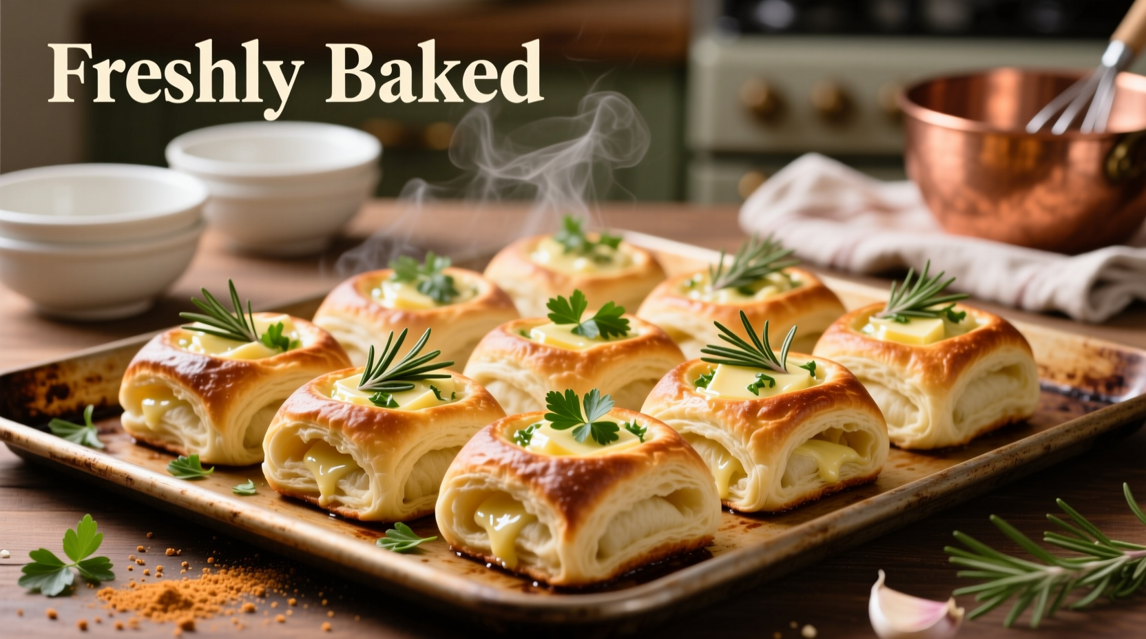 Homemade buttery garlic herb rolls on baking sheet