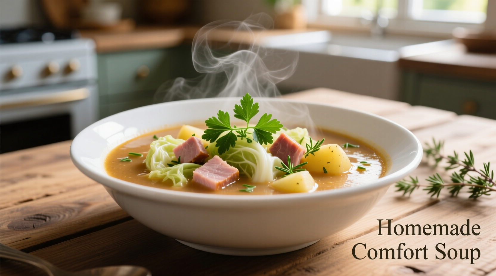 Ham cabbage potato soup in white bowl with fresh herbs