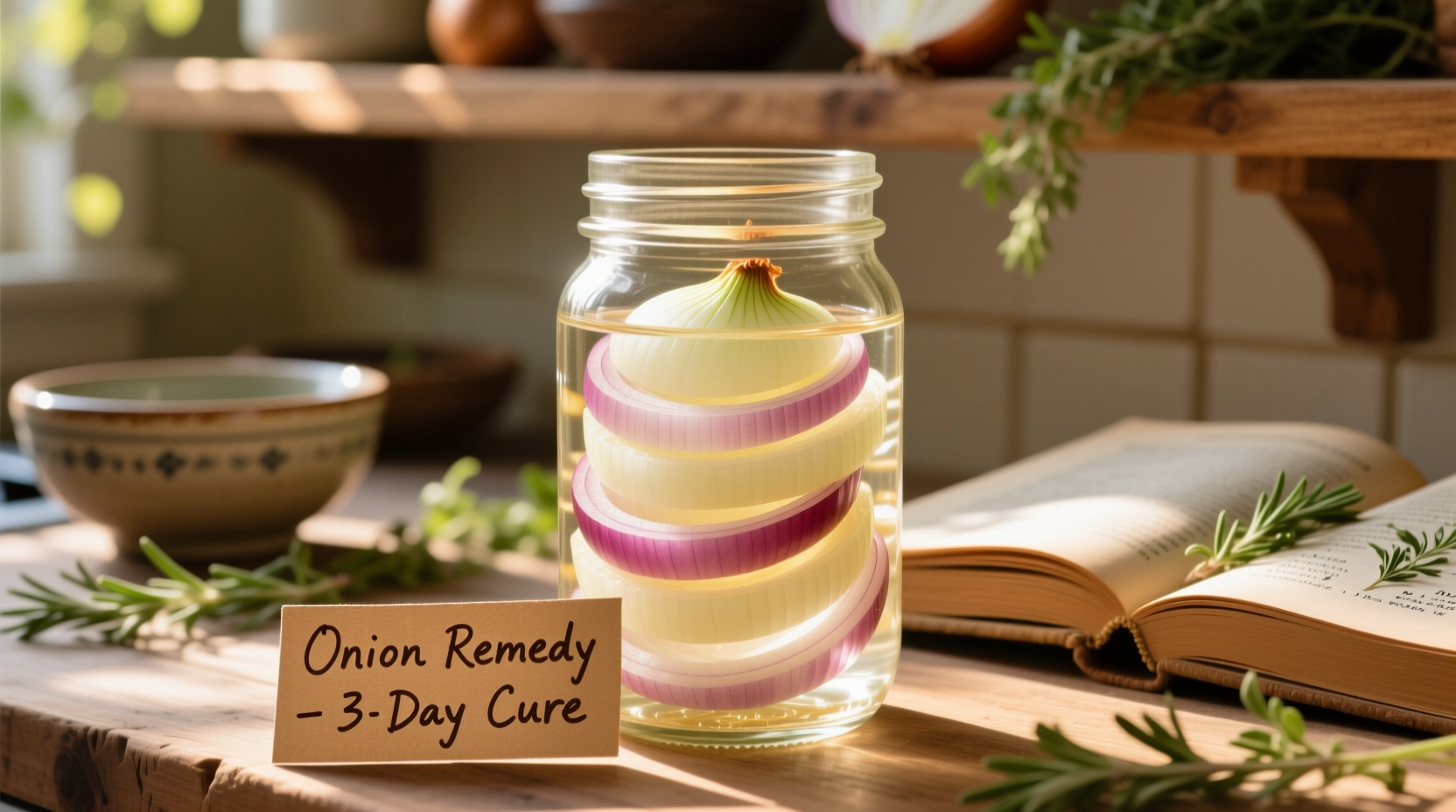 Fresh onion slices in a glass jar for home remedy