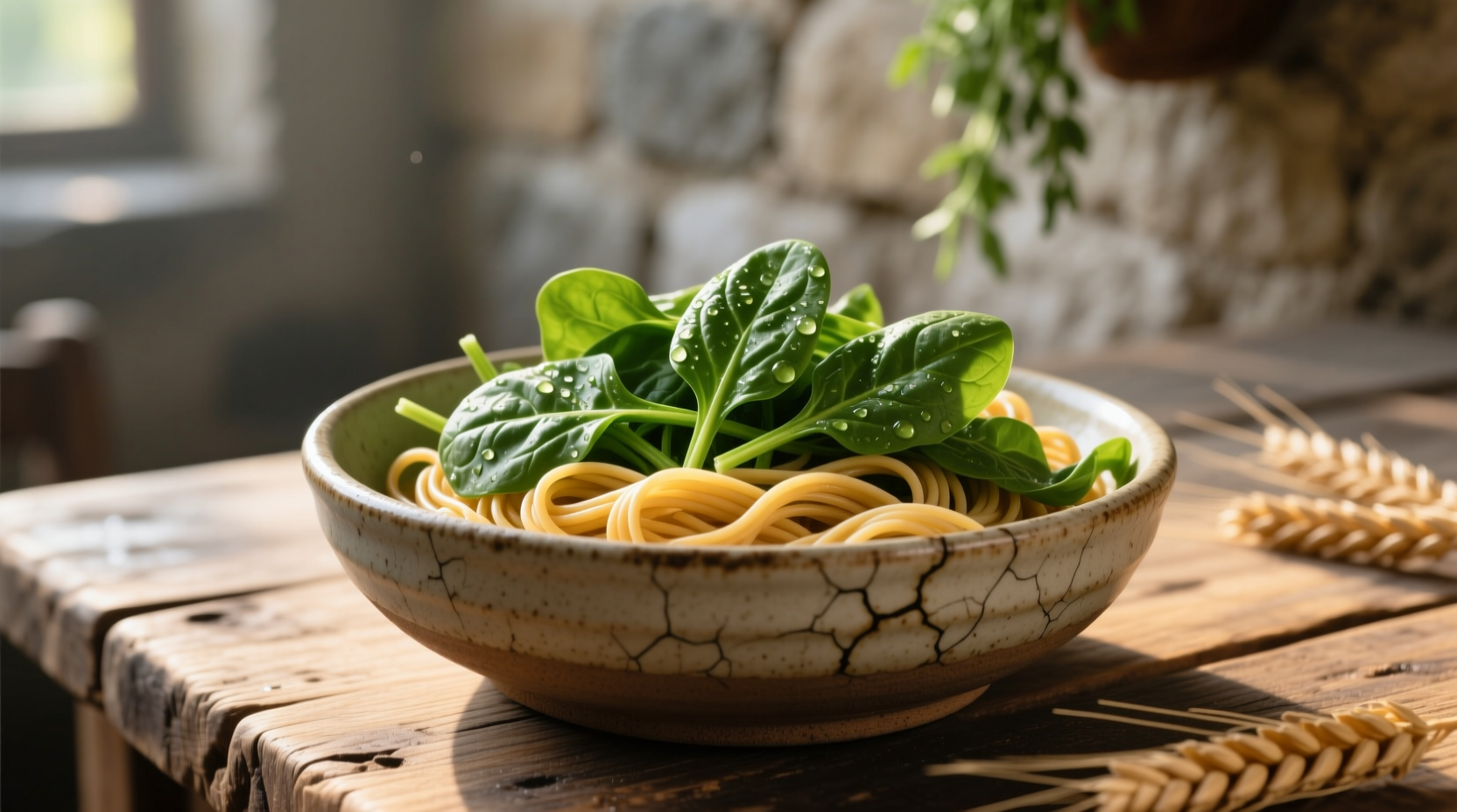 Fresh spinach mixed with golden wheat noodles in ceramic bowl