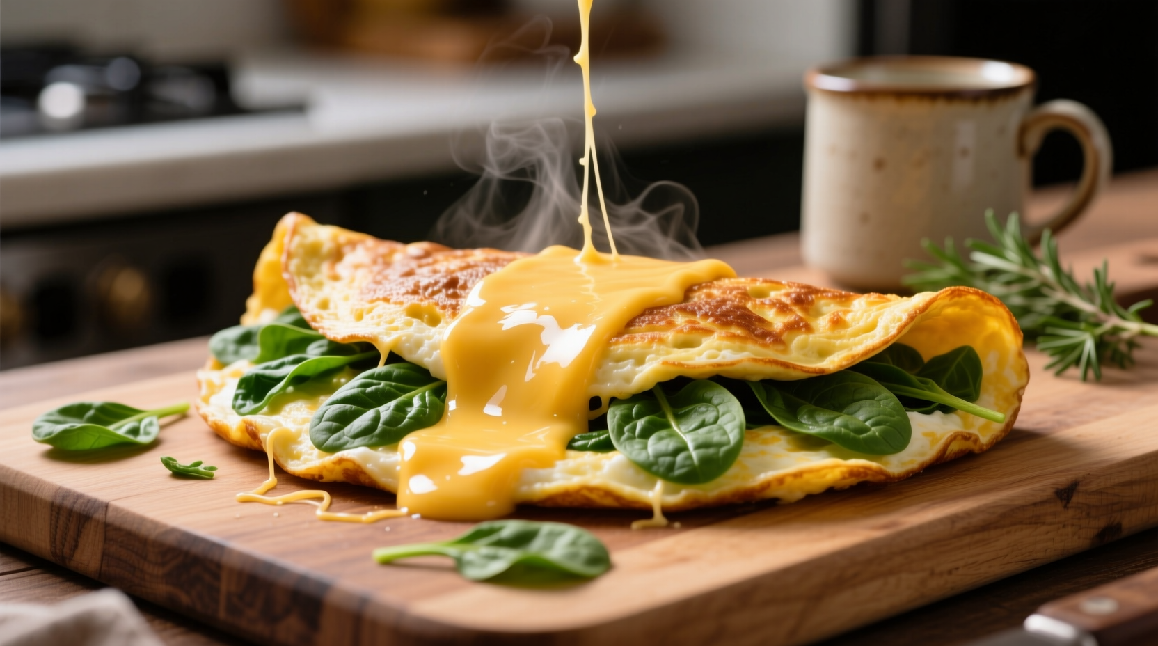 Fluffy spinach and cheese omelette with melted cheese