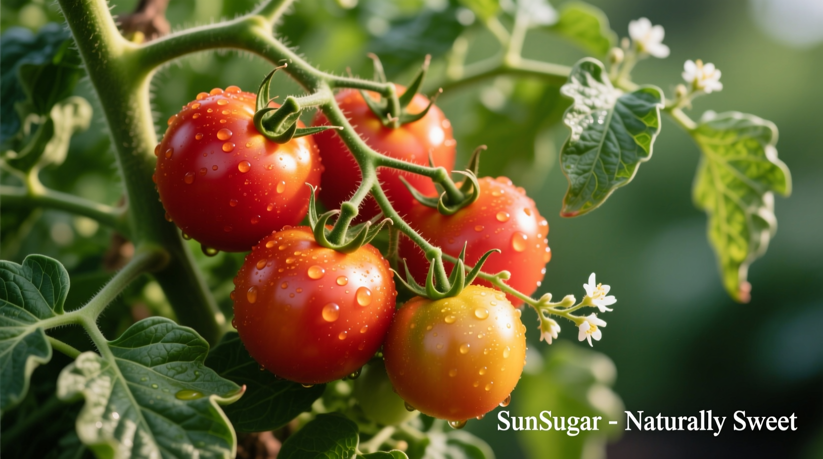 Ripe SunSugar tomatoes on vine with healthy foliage