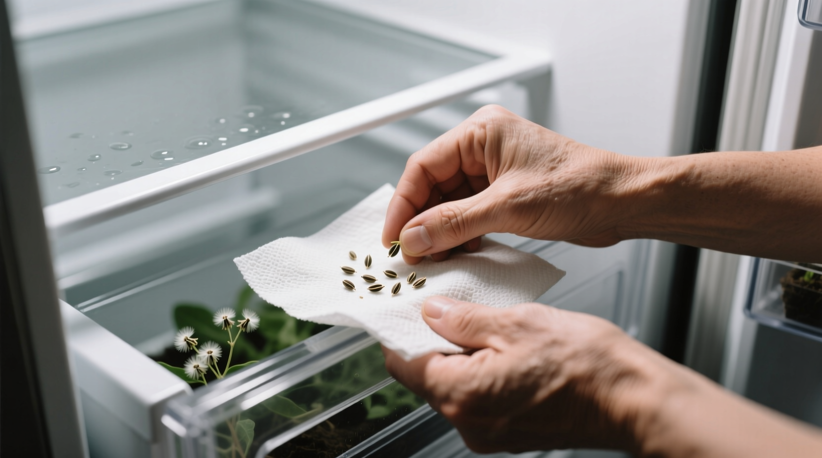 Hands stratifying milkweed seeds in moist paper towel inside refrigerator