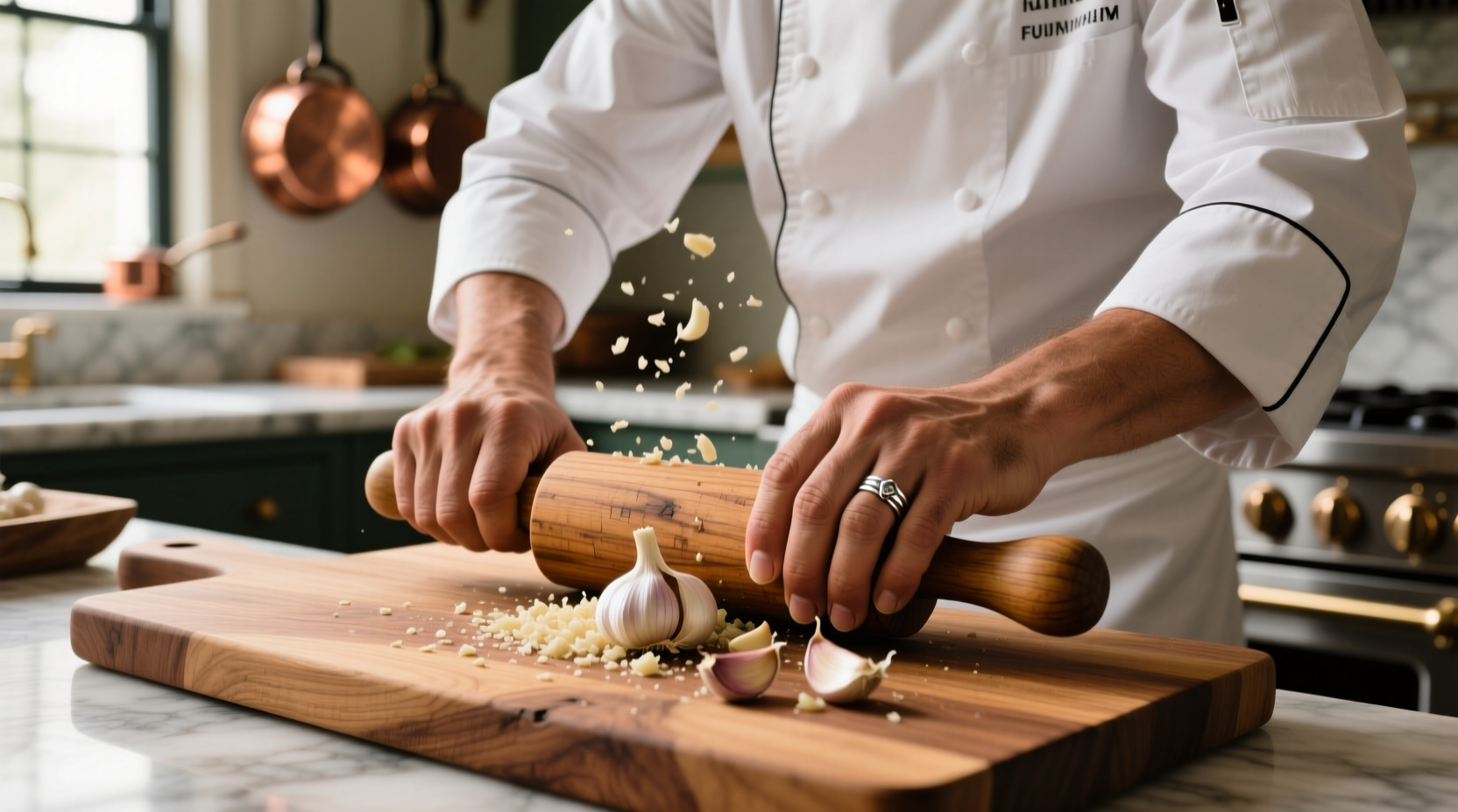 Professional chef using wooden garlic roller on cutting board