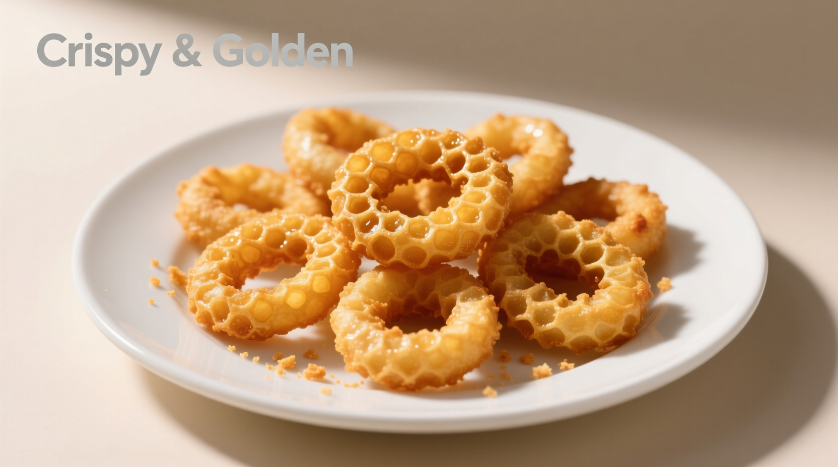 Golden beer-battered onion rings on white plate