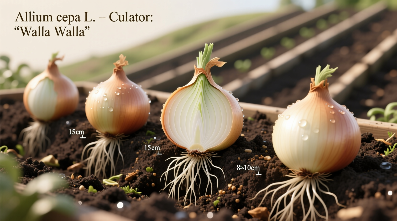 Onion bulbs planted in well-prepared garden soil with proper spacing