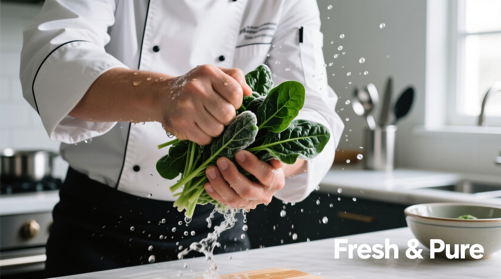 Chef squeezing water from thawed frozen spinach