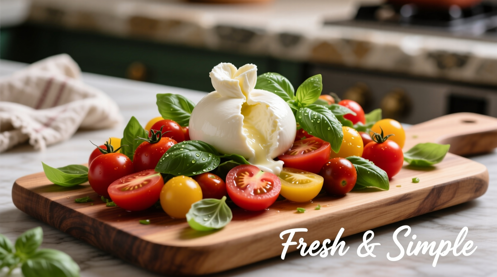 Fresh burrata tomato salad with basil garnish