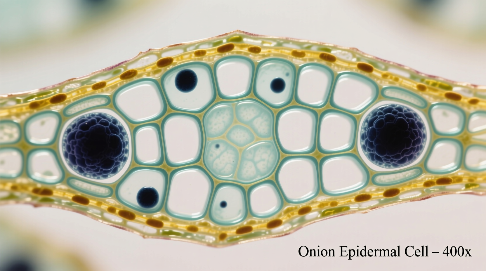 Microscopic view of stained onion bulb cells showing clear cellular structure
