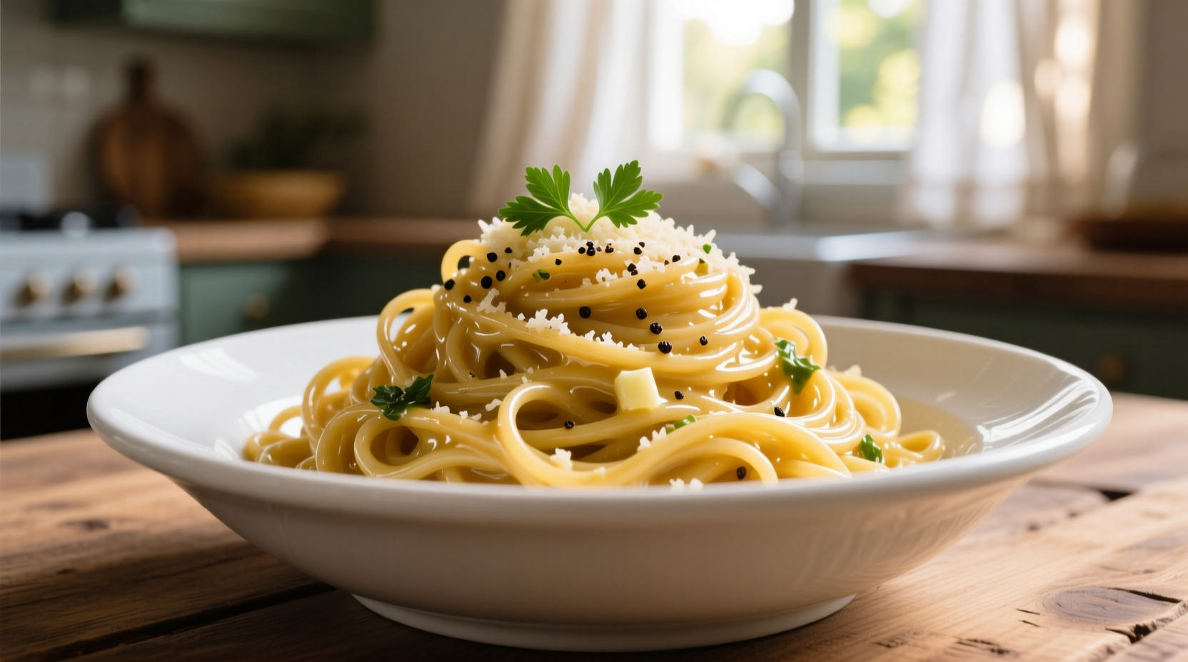 Golden spaghetti with garlic butter sauce in white bowl